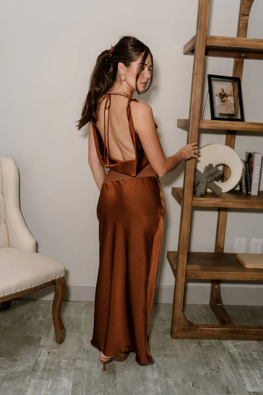 Celeste Brown Satin & Mesh Maxi Dress - Image 11