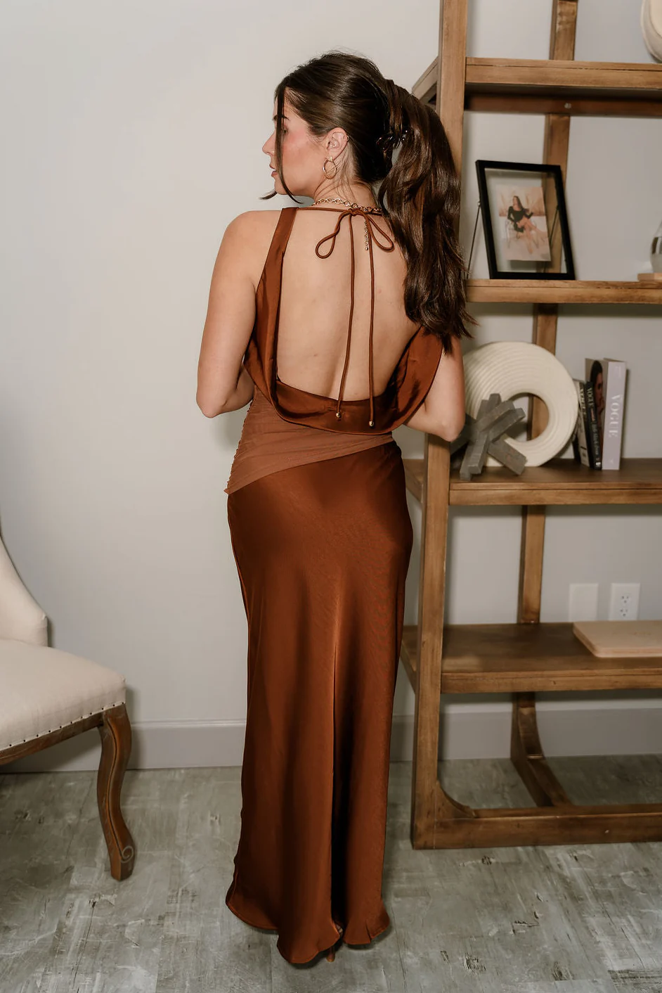 Celeste Brown Satin & Mesh Maxi Dress - Image 4