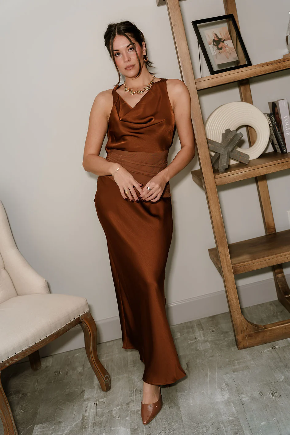 Celeste Brown Satin & Mesh Maxi Dress - Image 7