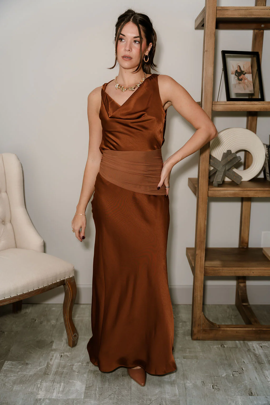 Celeste Brown Satin & Mesh Maxi Dress - Image 8