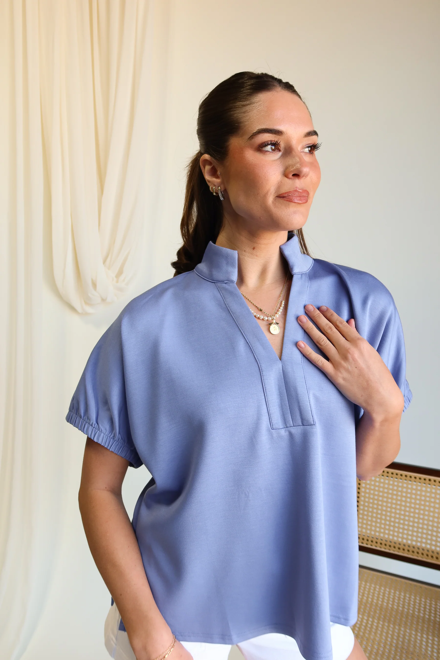 Celeste Chambray Blue Short Sleeve Top - Image 2