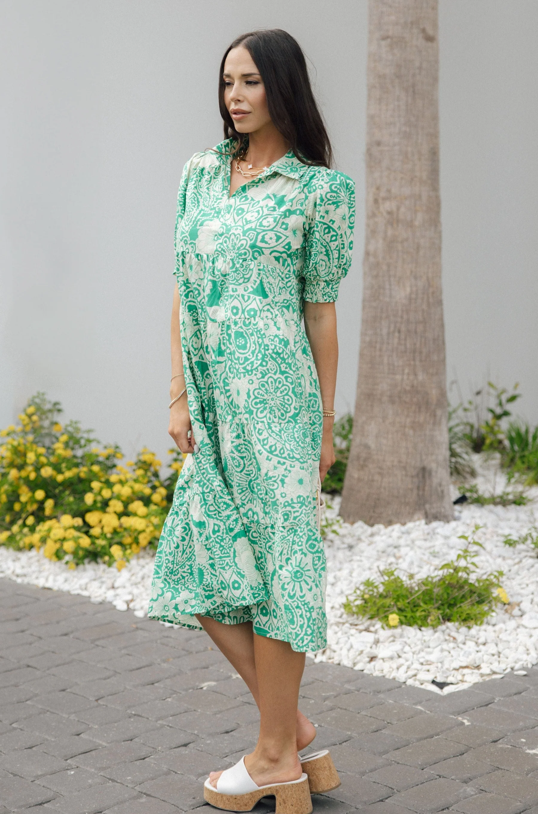 Celeste Green & Cream Floral Paisley Midi Dress - Image 3