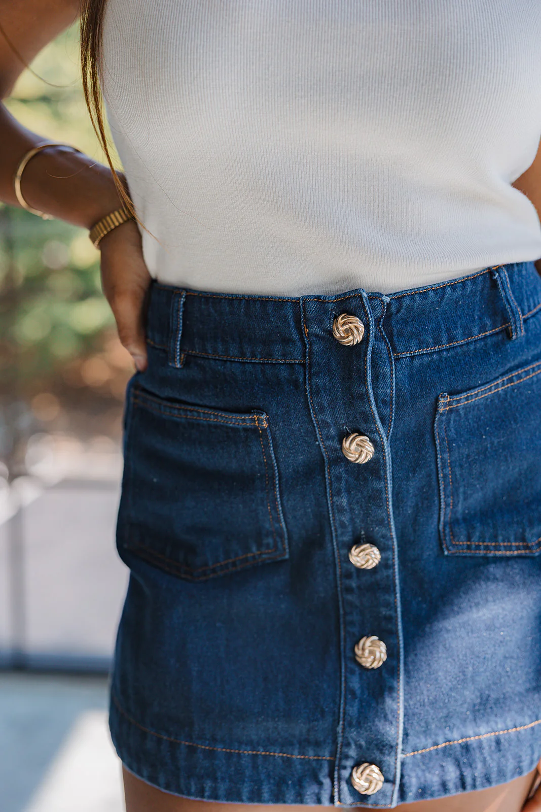 Celine Dark Denim & Gold Buttons Mini Skirt - Image 2