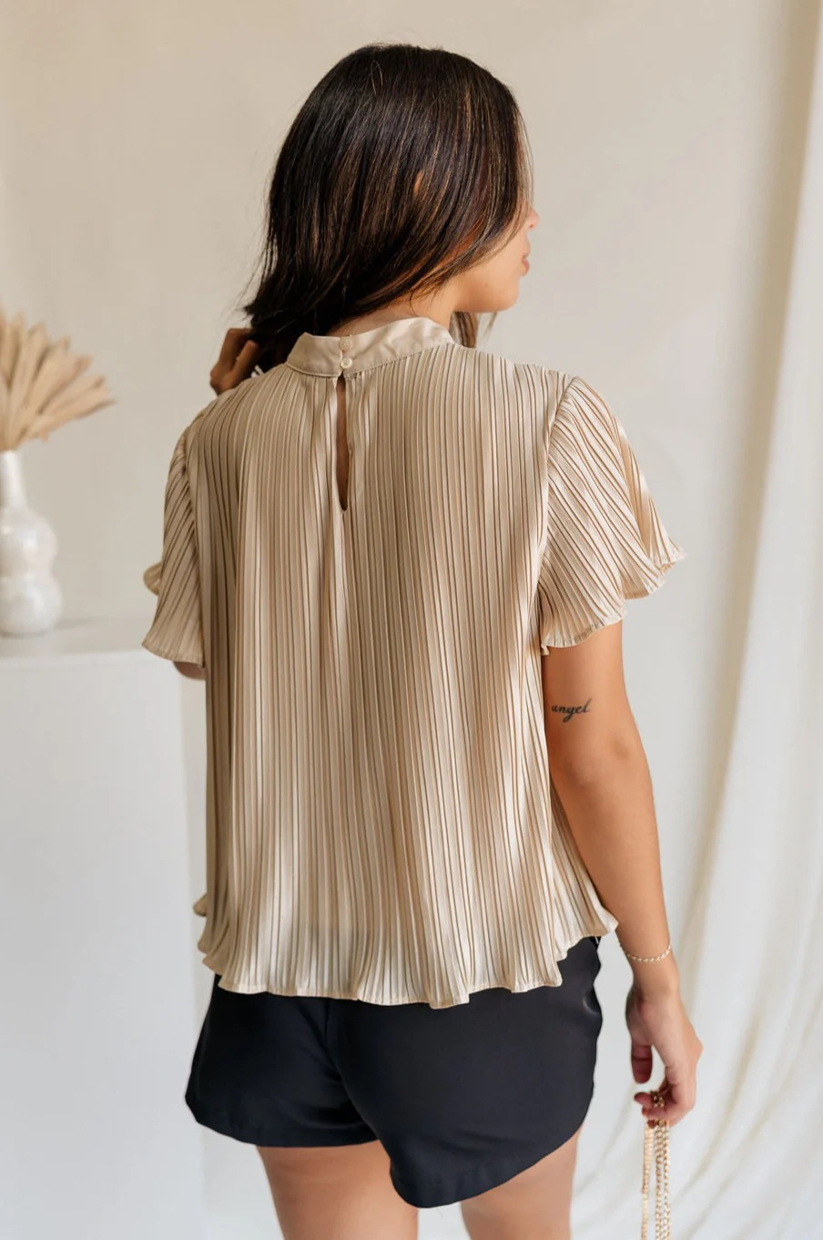 Celine Taupe Pleated Short Sleeve Top - Image 3