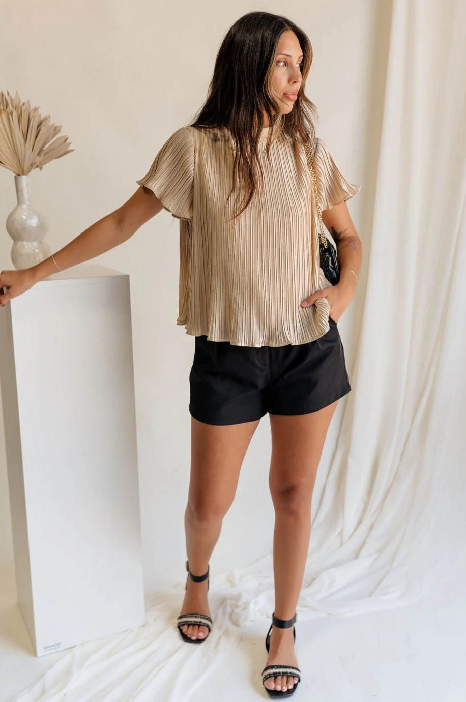 Celine Taupe Pleated Short Sleeve Top - Image 4