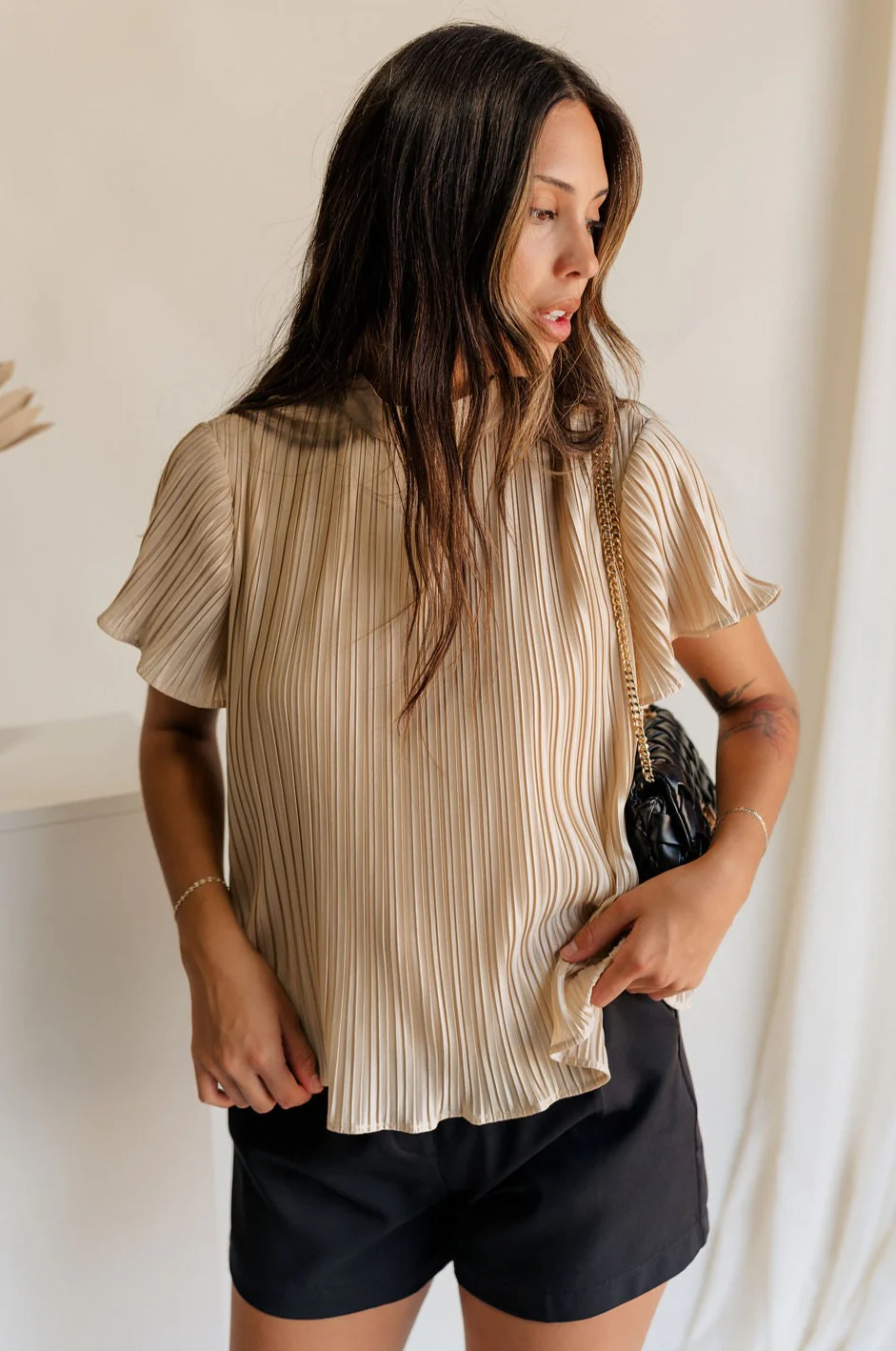 Celine Taupe Pleated Short Sleeve Top - Image 5