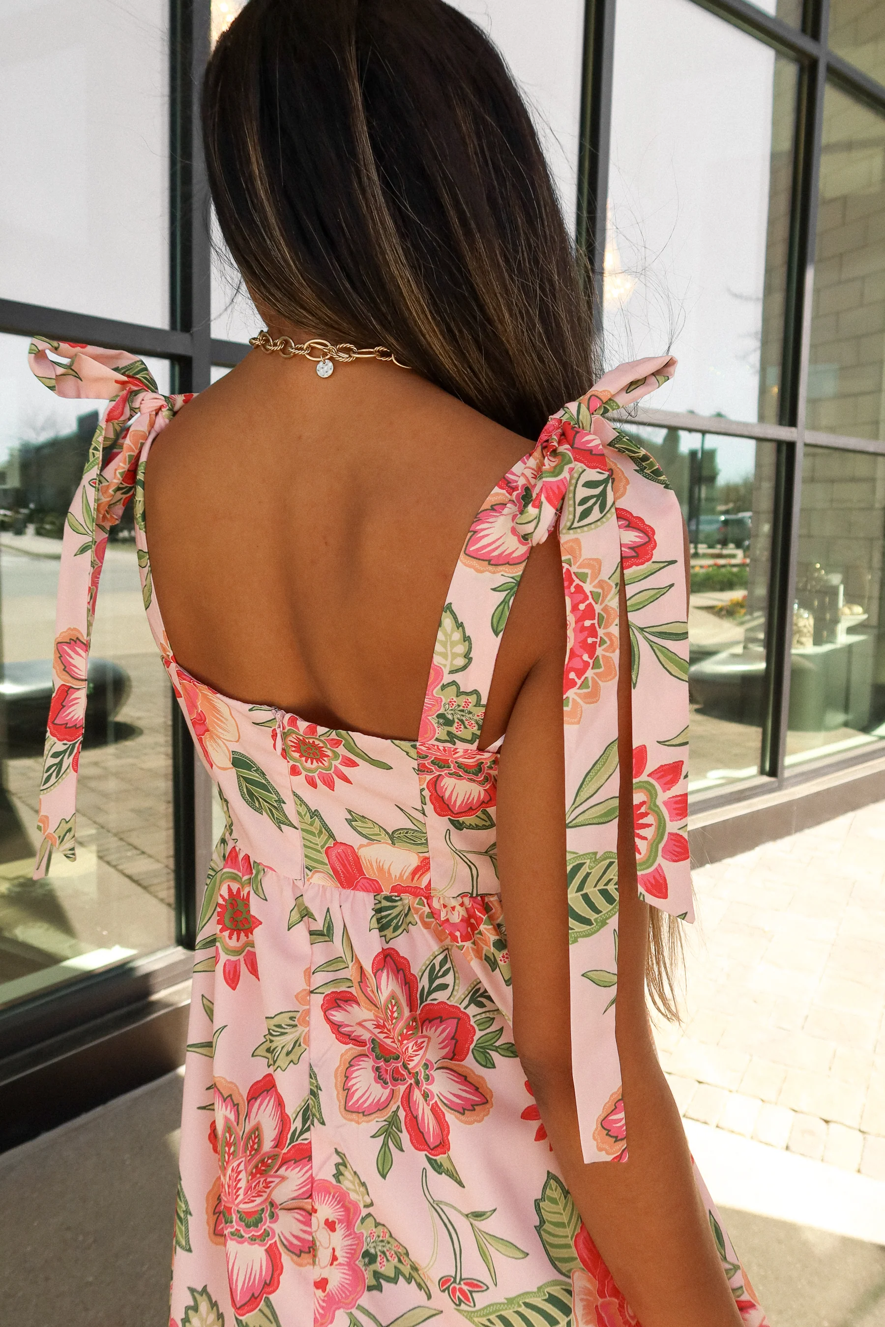 Chantel Pink Floral Tie Strap Midi Dress - Image 3