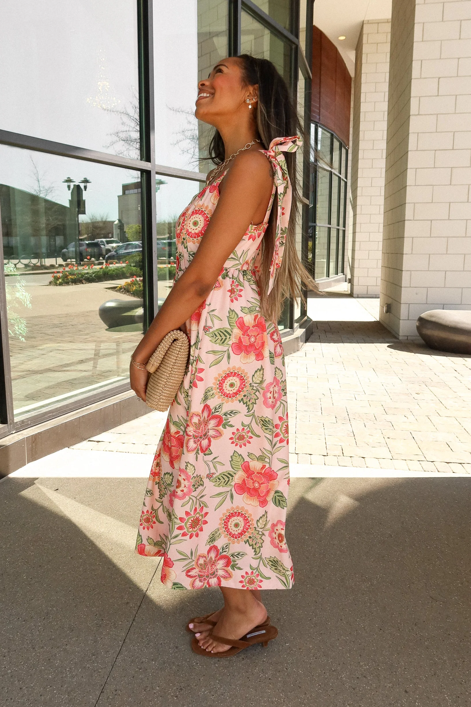 Chantel Pink Floral Tie Strap Midi Dress - Image 4