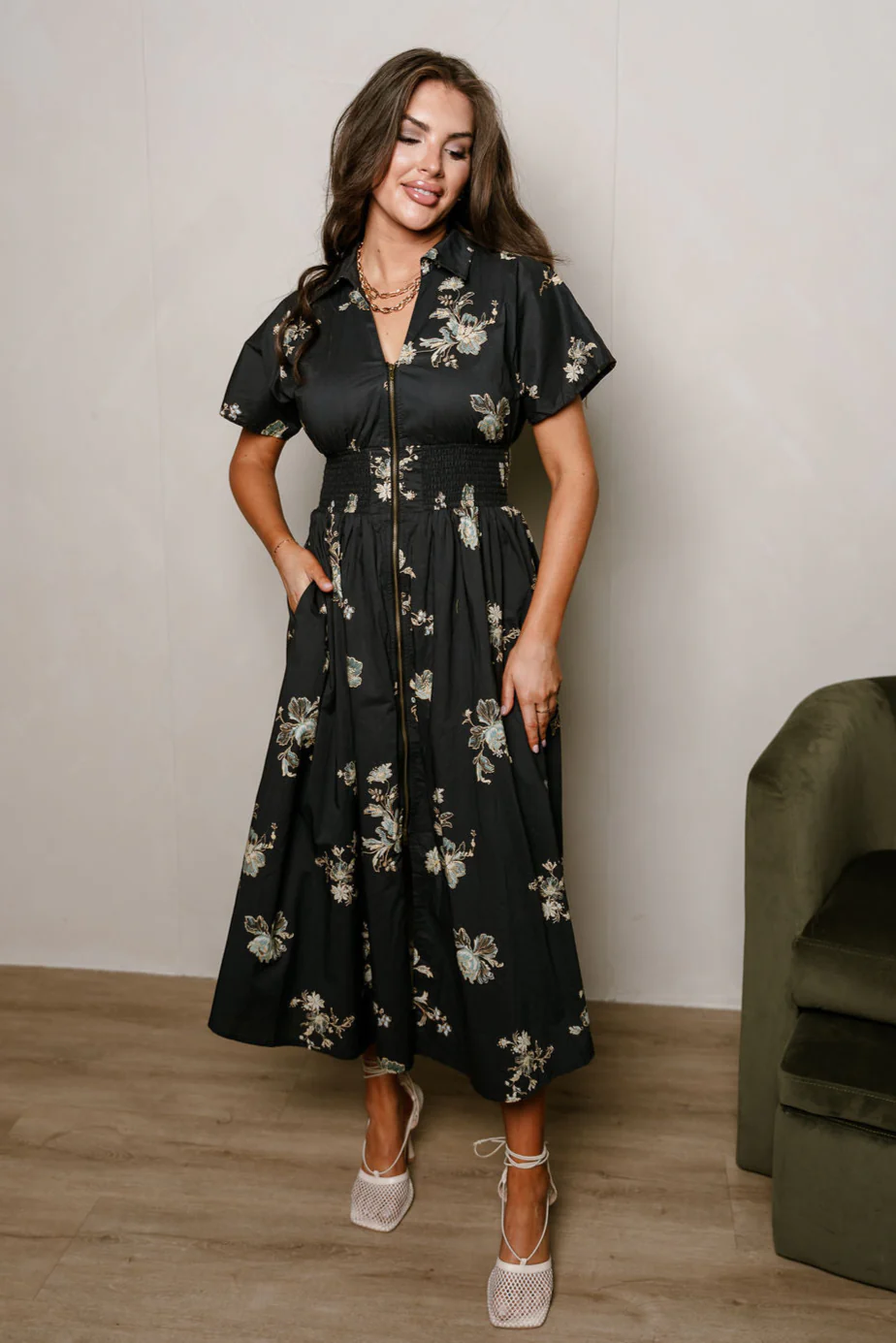Charleigh Black Multi Floral Zip-Up Midi Dress - Image 5