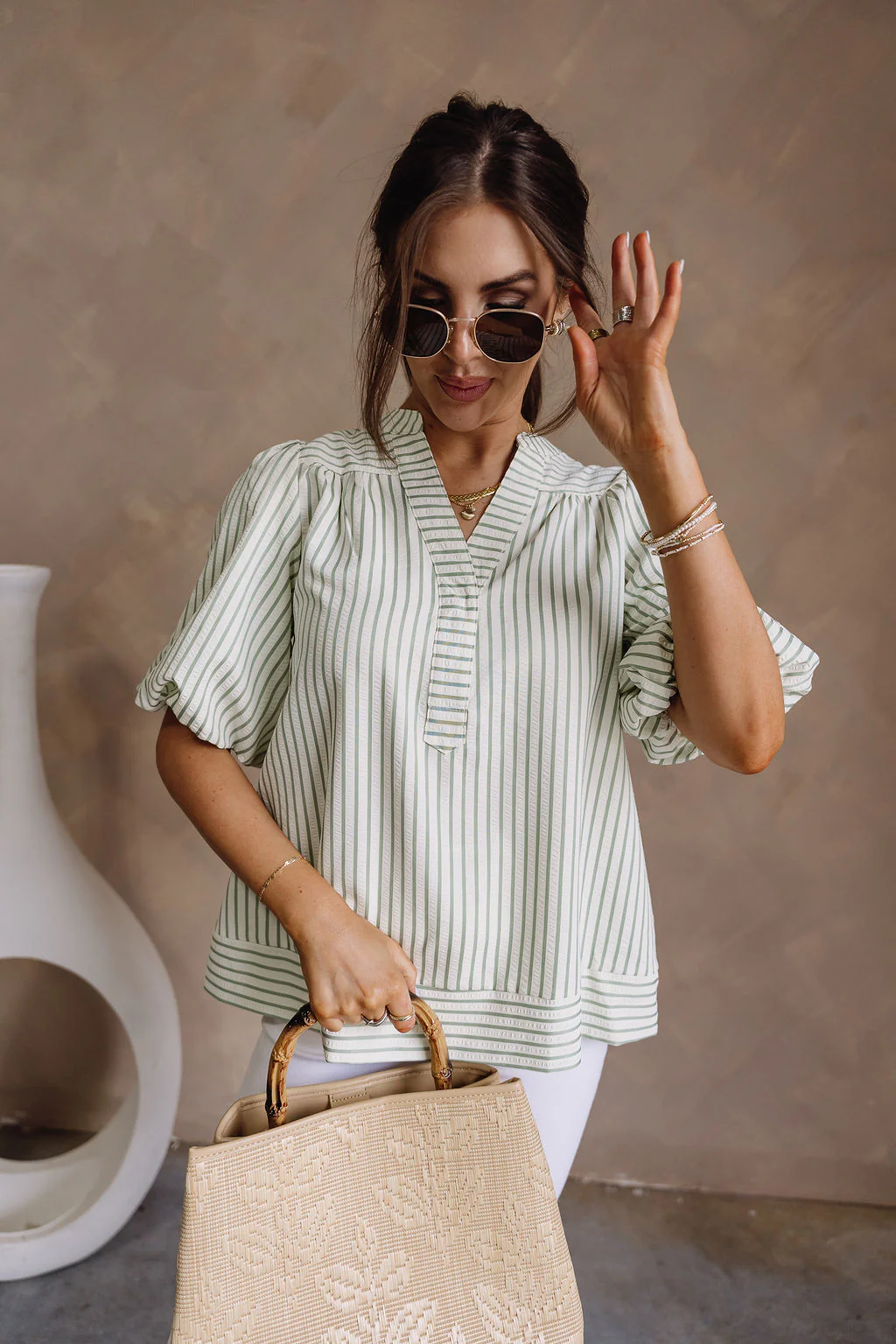 Chelsea Cream & Green Striped Top
