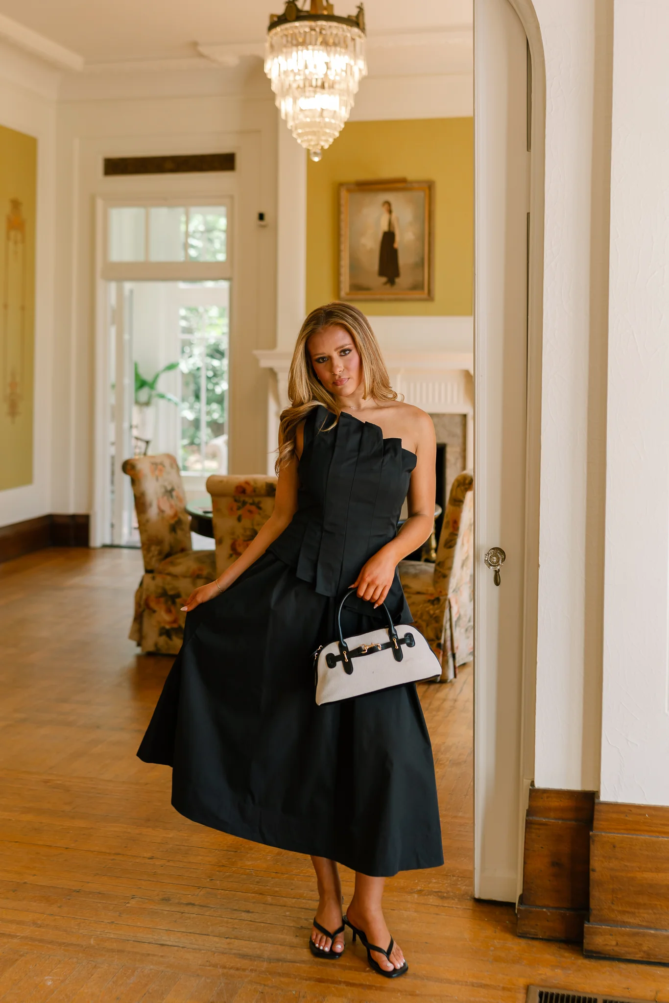 Chloe Black Pleated Flare Strapless Midi Dress - Image 2