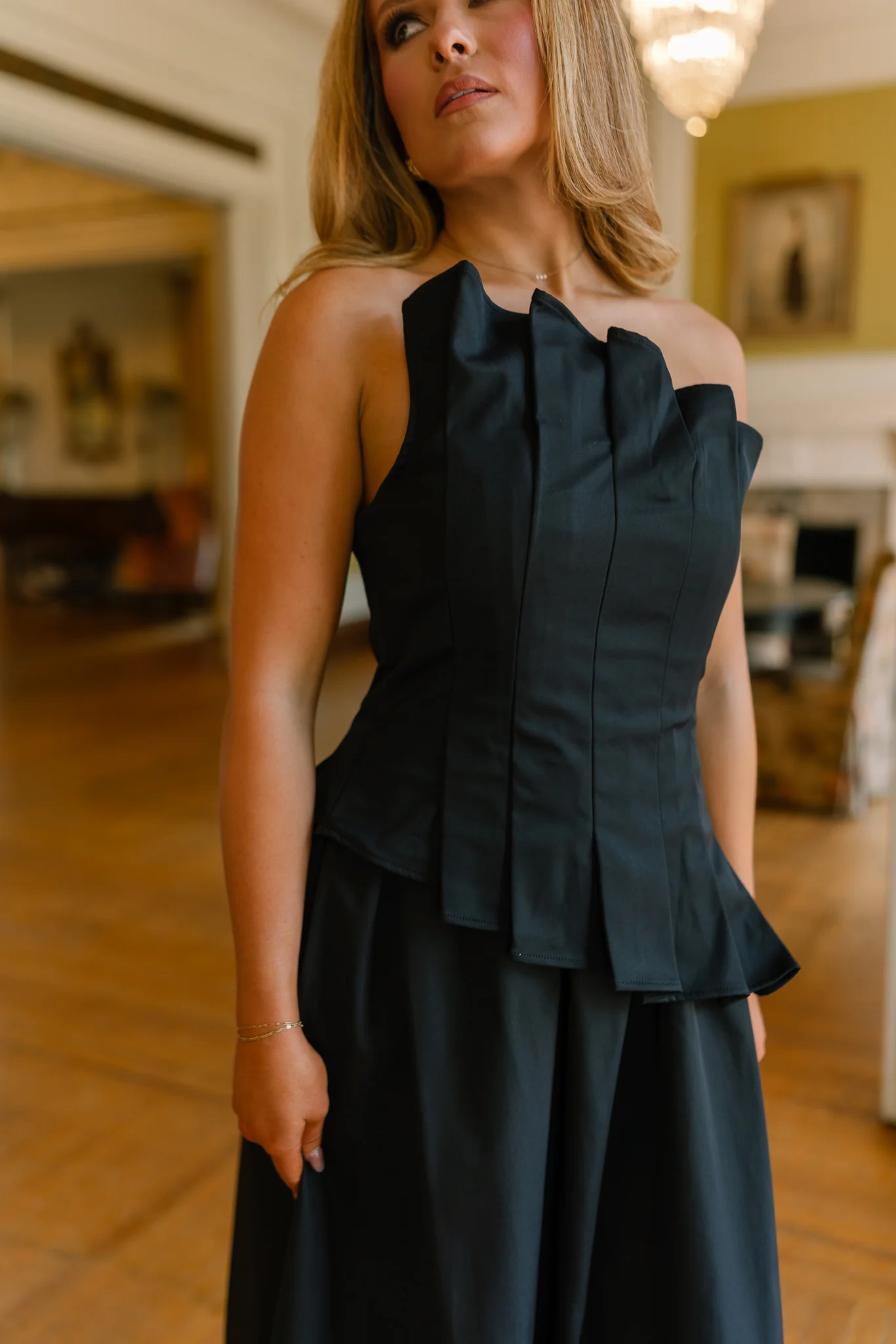 Chloe Black Pleated Flare Strapless Midi Dress - Image 4