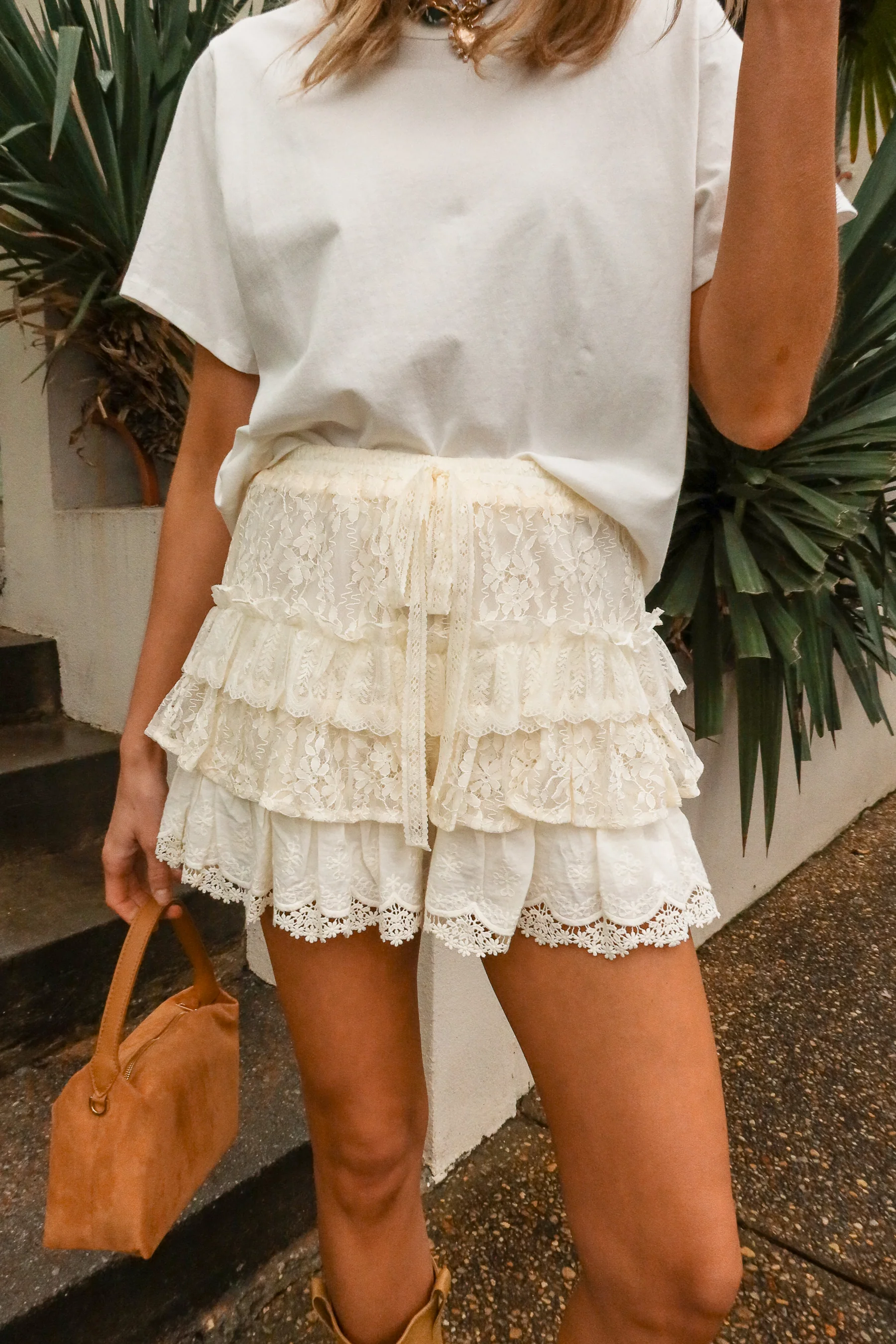 Chloe Cream Lace Tiered Shorts