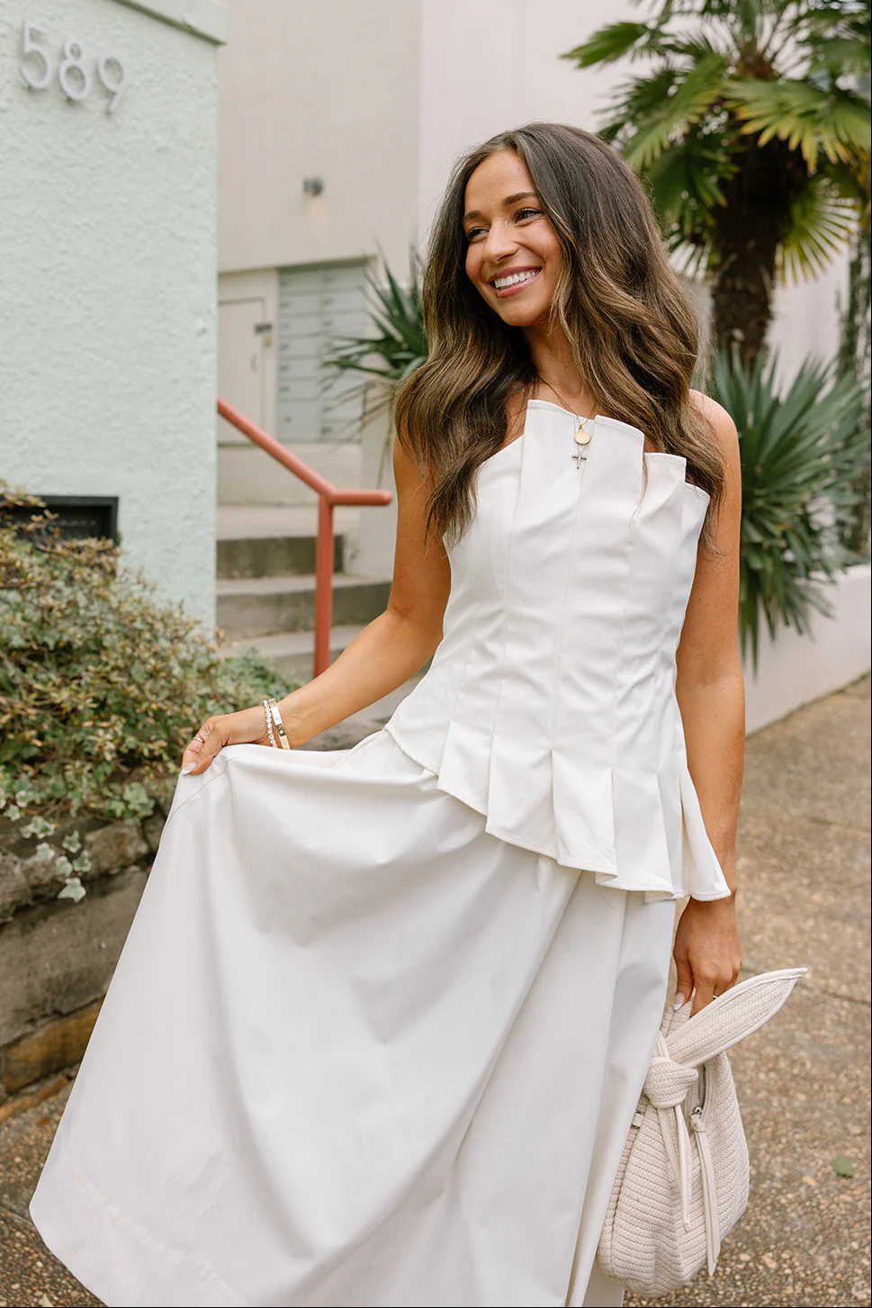 Chloe Ecru Pleated Flare Strapless Midi Dress - Image 3