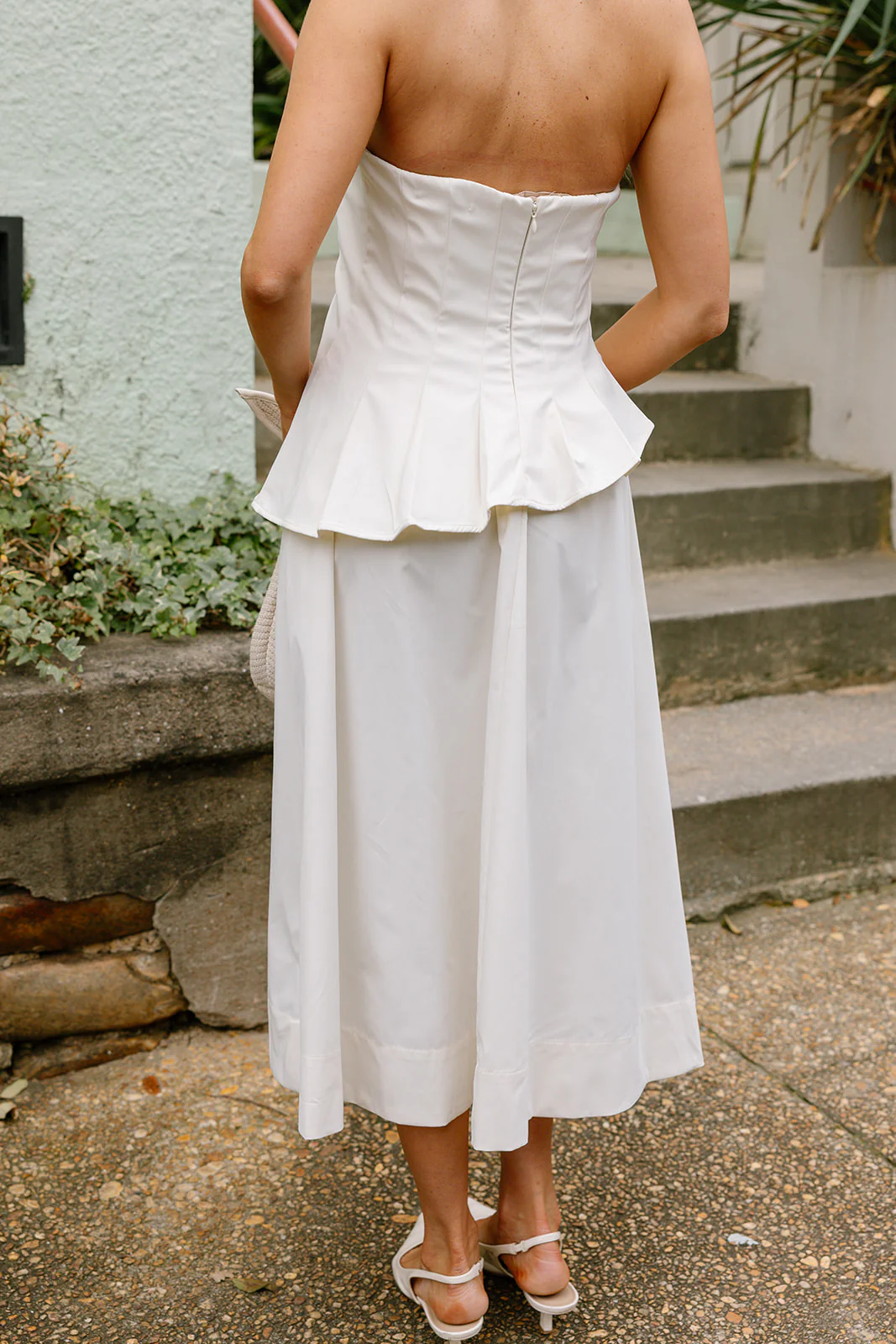 Chloe Ecru Pleated Flare Strapless Midi Dress - Image 4