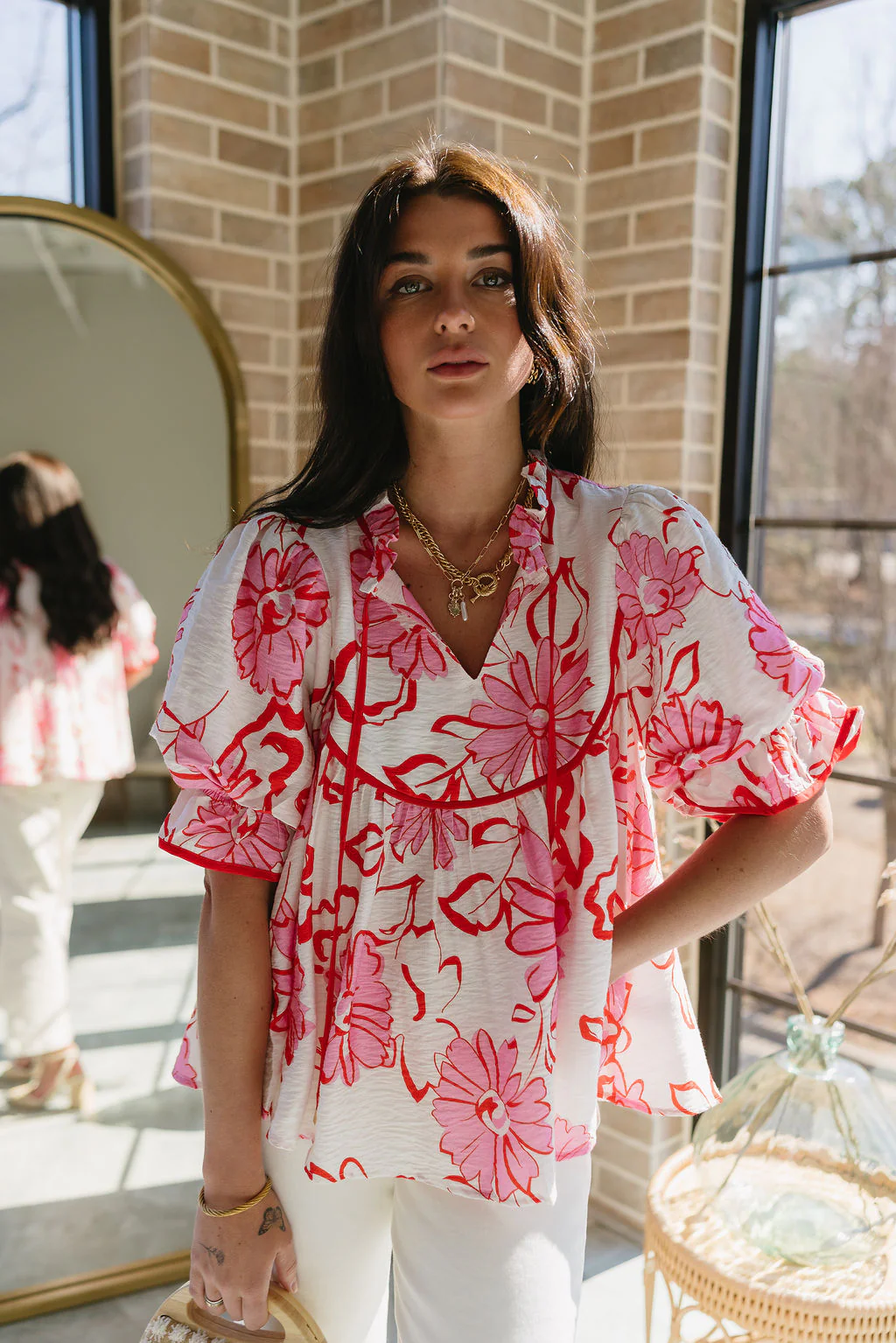 Ciera Red & Pink Floral Puff Sleeve Top - Image 2
