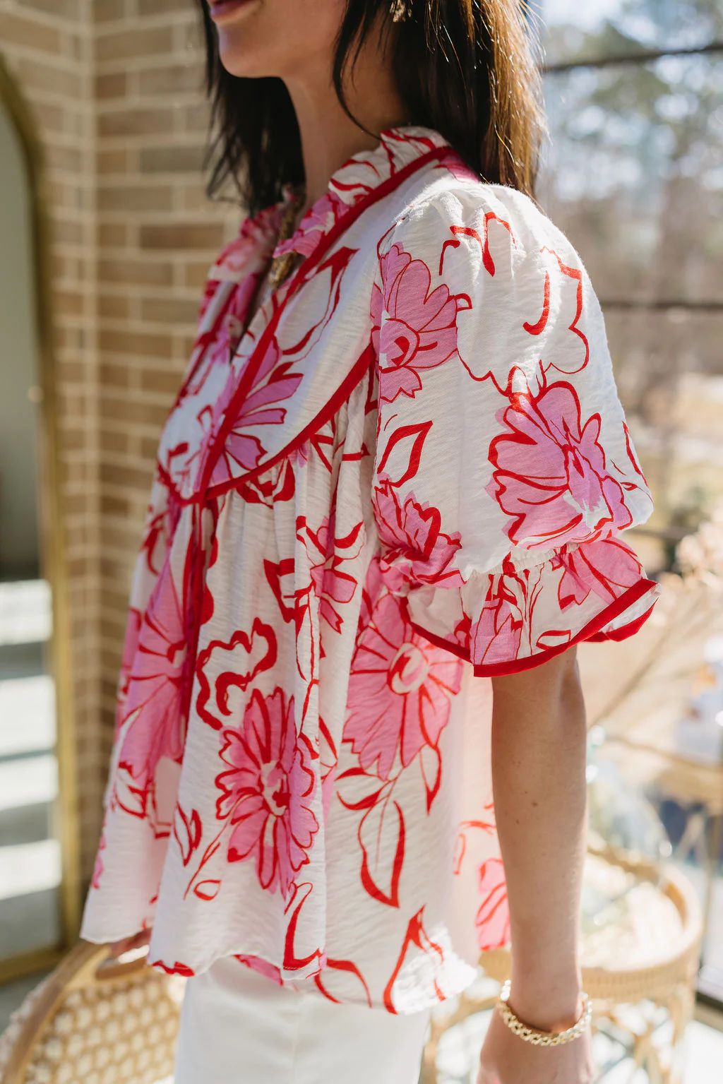 Ciera Red & Pink Floral Puff Sleeve Top - Image 3