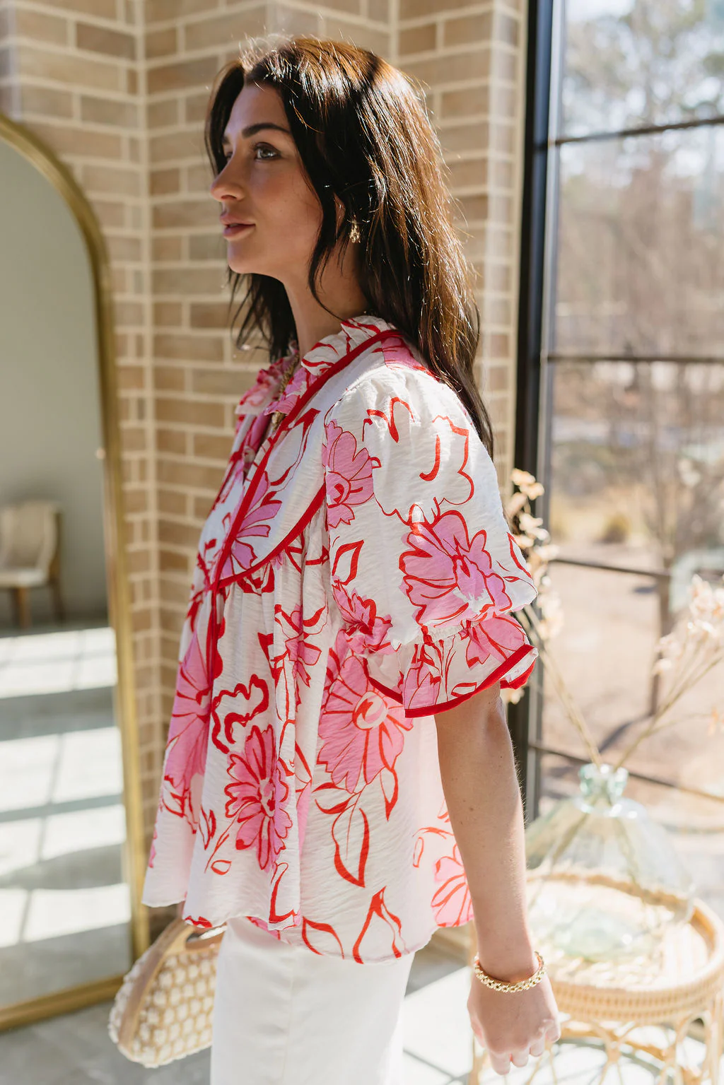 Ciera Red & Pink Floral Puff Sleeve Top - Image 4