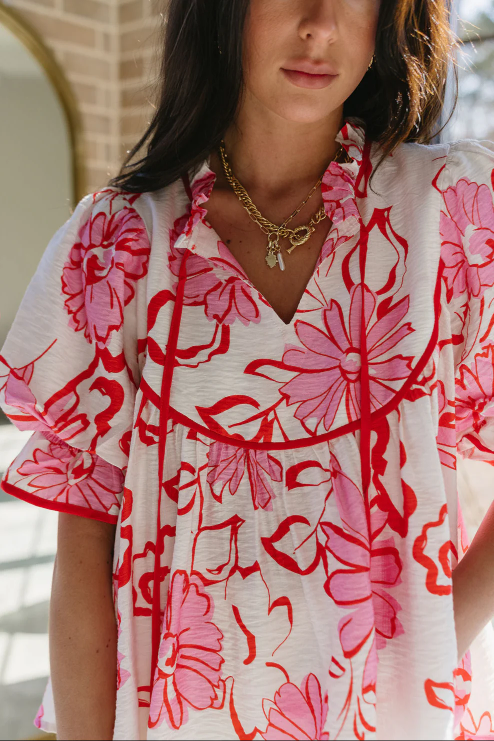 Ciera Red & Pink Floral Puff Sleeve Top - Image 5