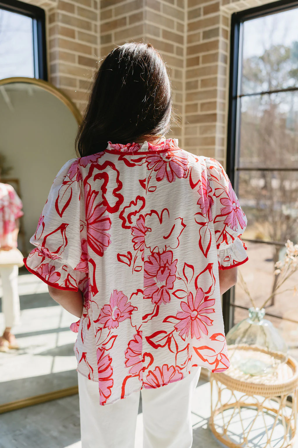 Ciera Red & Pink Floral Puff Sleeve Top - Image 6