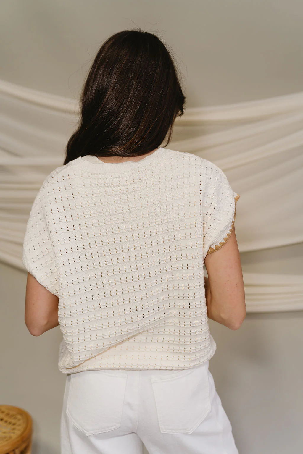 Clara Cream & Camel Knit Short Sleeve Top - Image 4