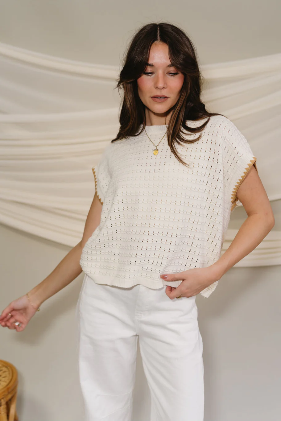 Clara Cream & Camel Knit Short Sleeve Top - Image 7