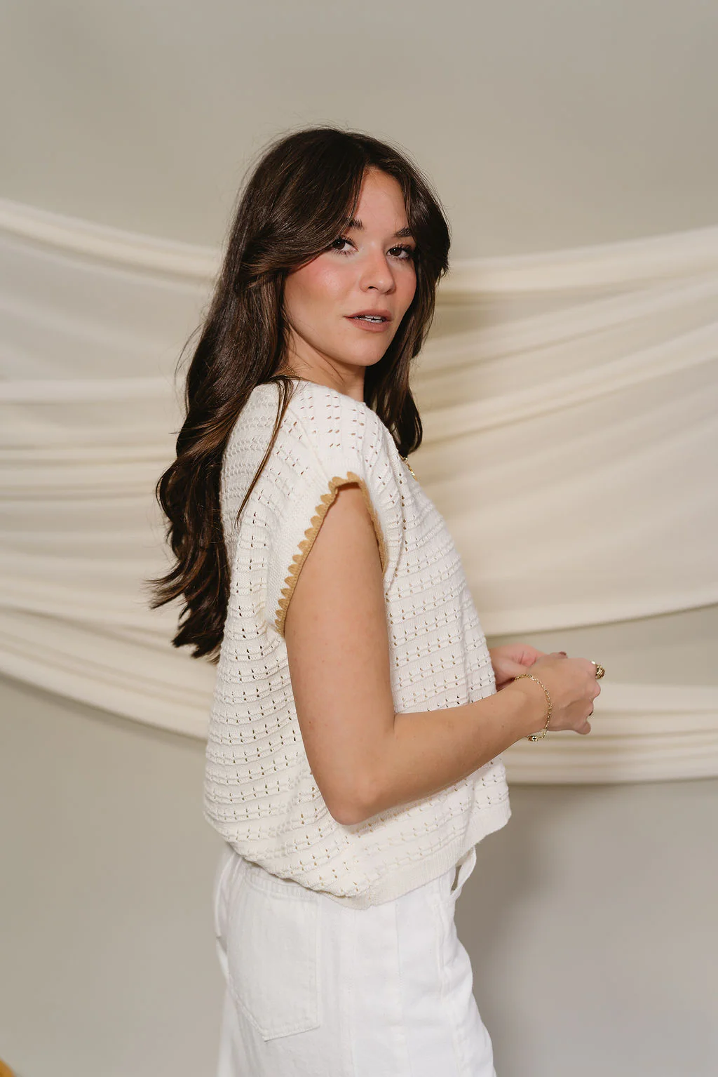 Clara Cream & Camel Knit Short Sleeve Top - Image 9