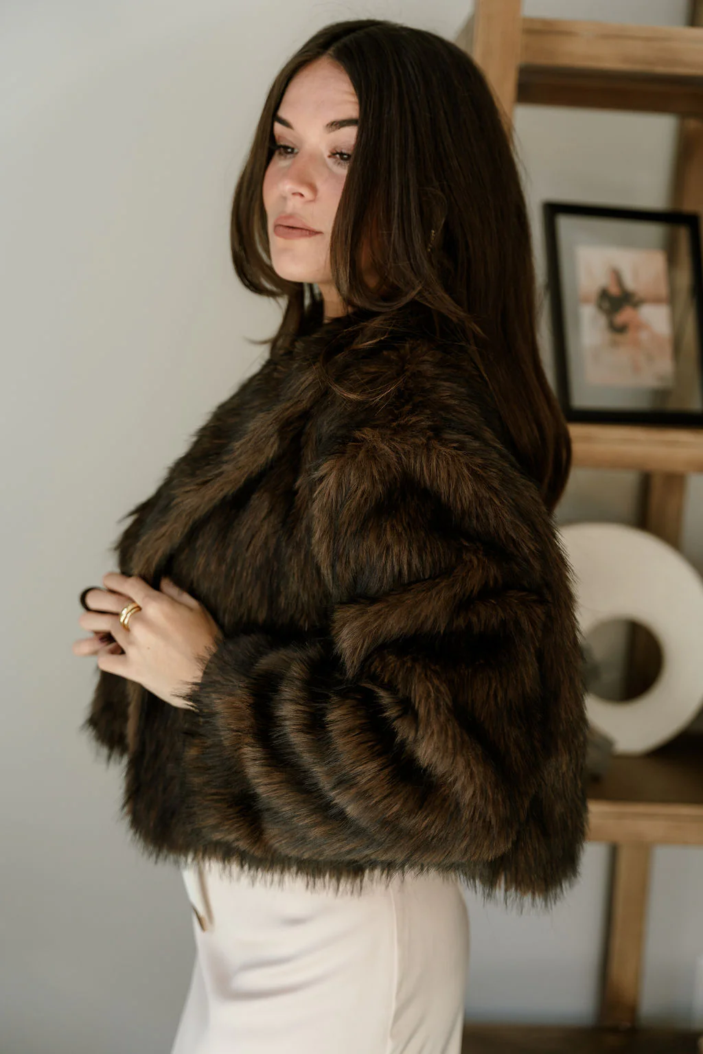 Clara Dark Brown Fur Cropped Jacket - Image 14