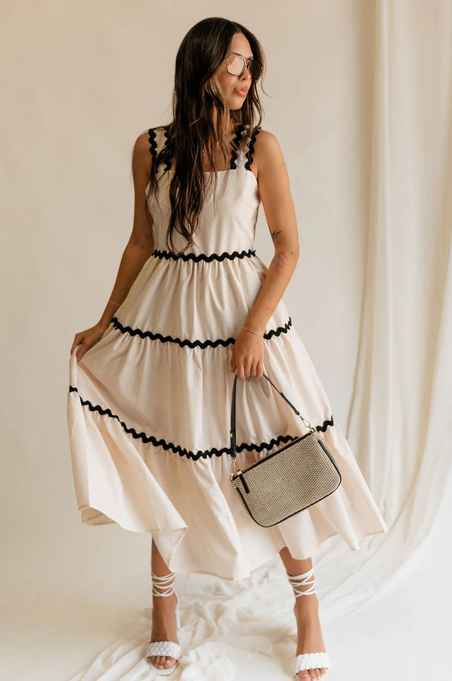 Clara Ecru & Black Wavy Trim Midi Dress - Image 7
