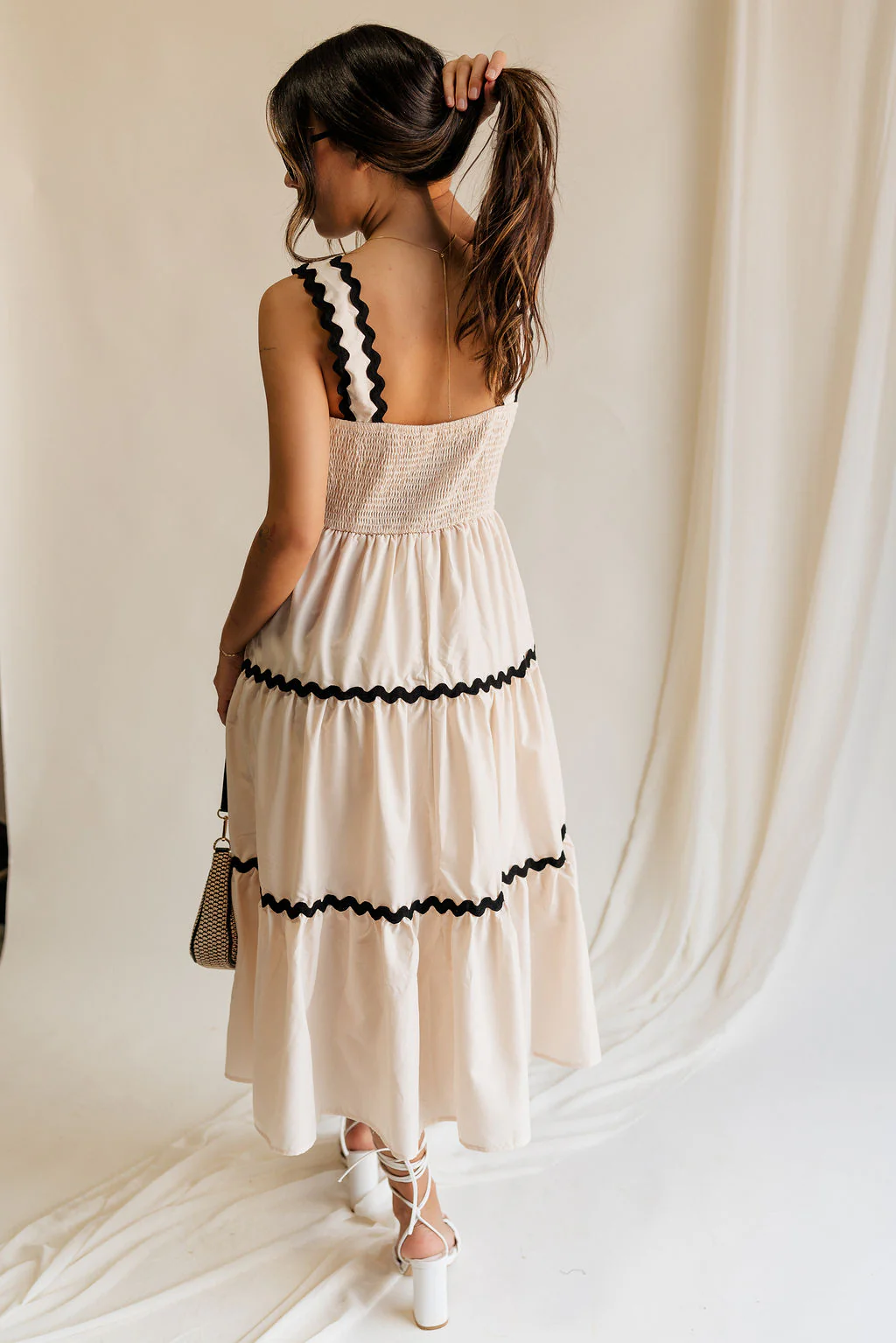 Clara Ecru & Black Wavy Trim Midi Dress - Image 9