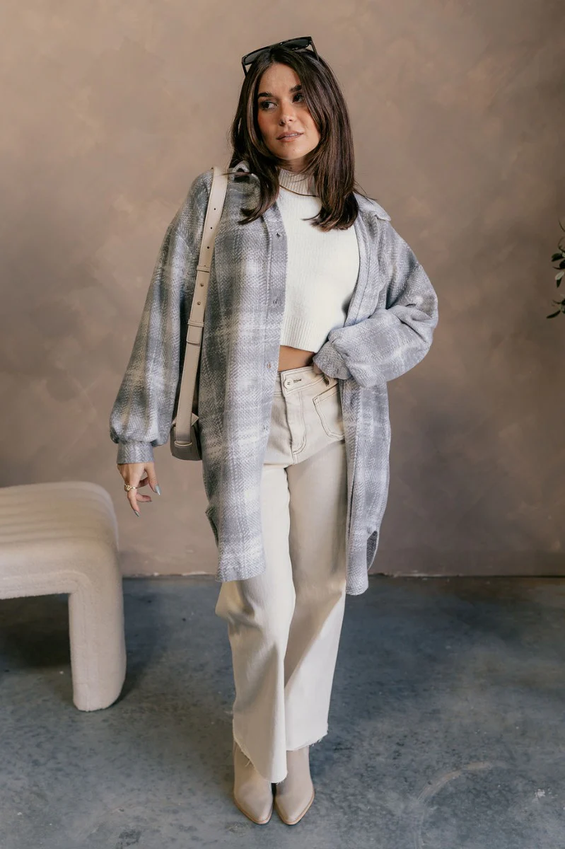 Clara Grey Plaid Knit Long Sleeve Shacket