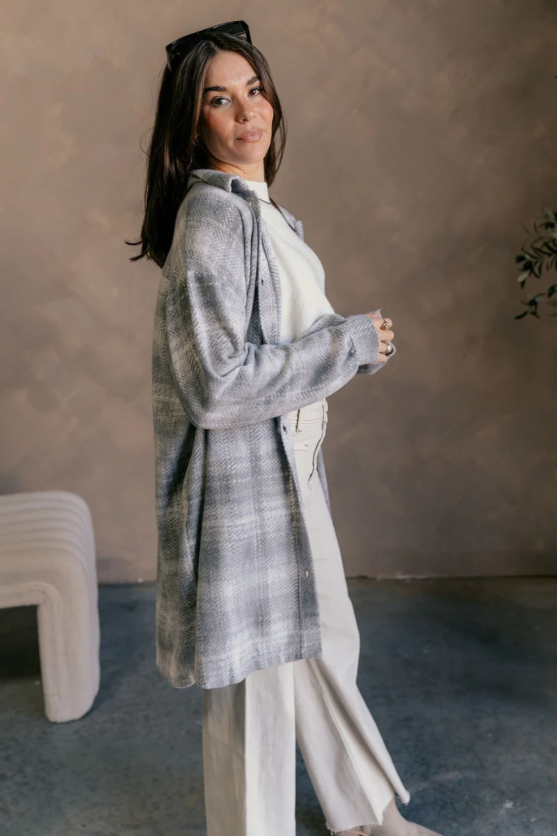 Clara Grey Plaid Knit Long Sleeve Shacket - Image 7
