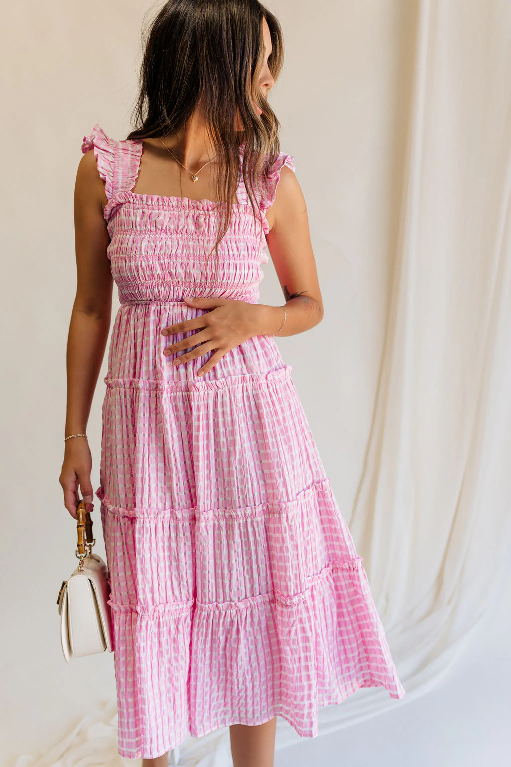 Clara Pink & White Gingham Midi Dress - Image 2