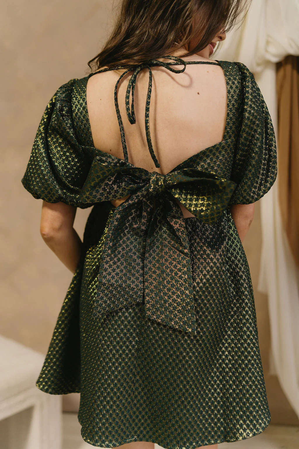 Halo Hunter Green & Gold Bow Mini Dress - Image 4