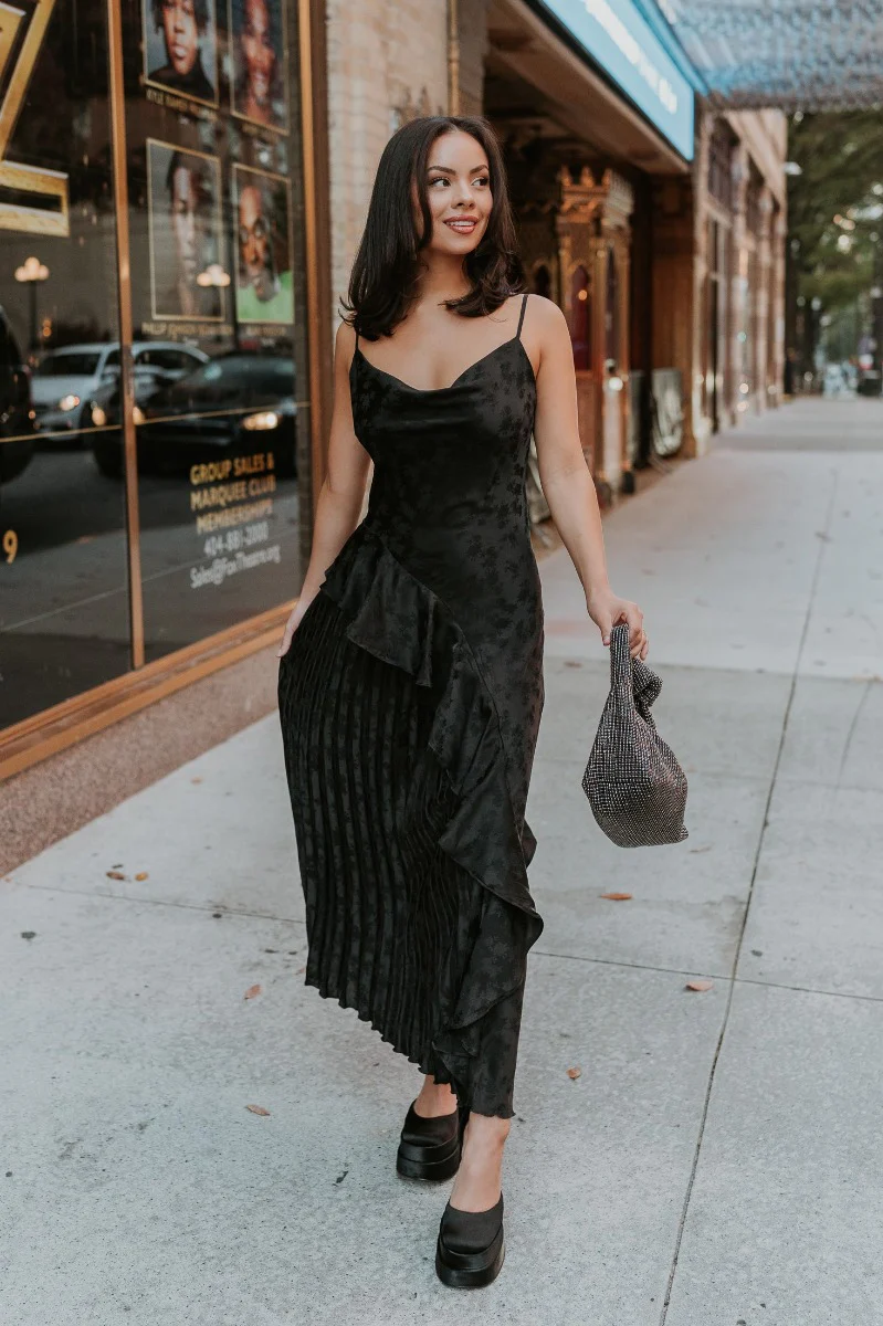 Colette Black Floral Satin Midi Dress