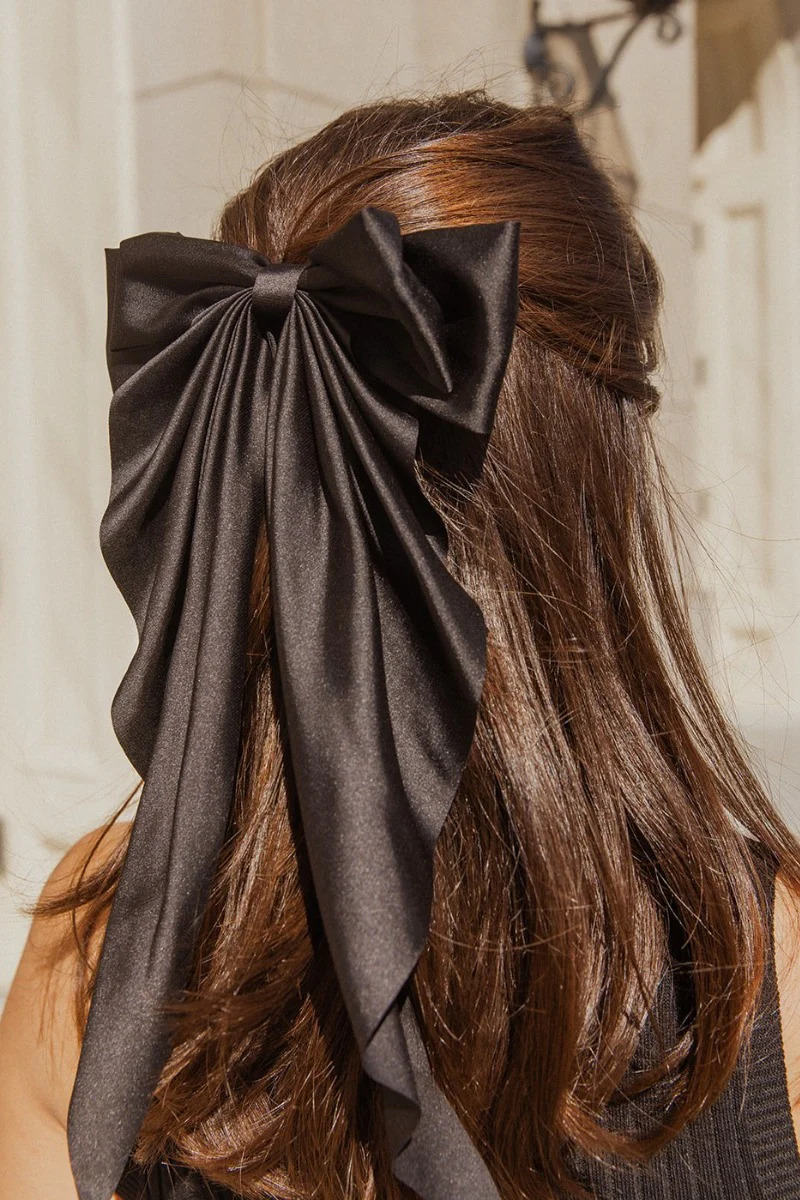 Cora Black Satin Long Hair Bow