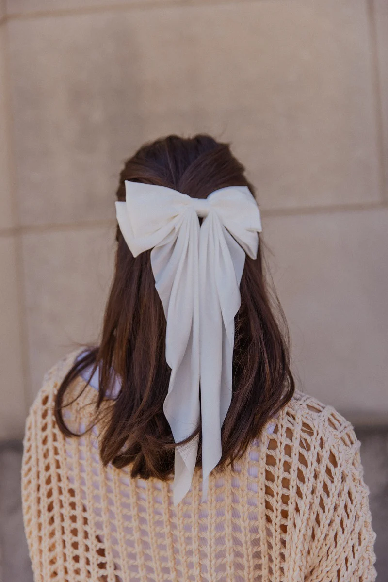 Cora Off White Satin Long Hair Bow