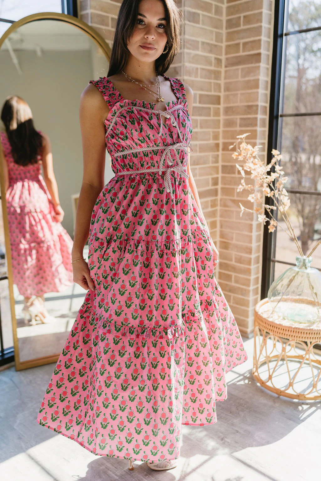 Cora Pink & Green Floral Midi Dress - Image 3