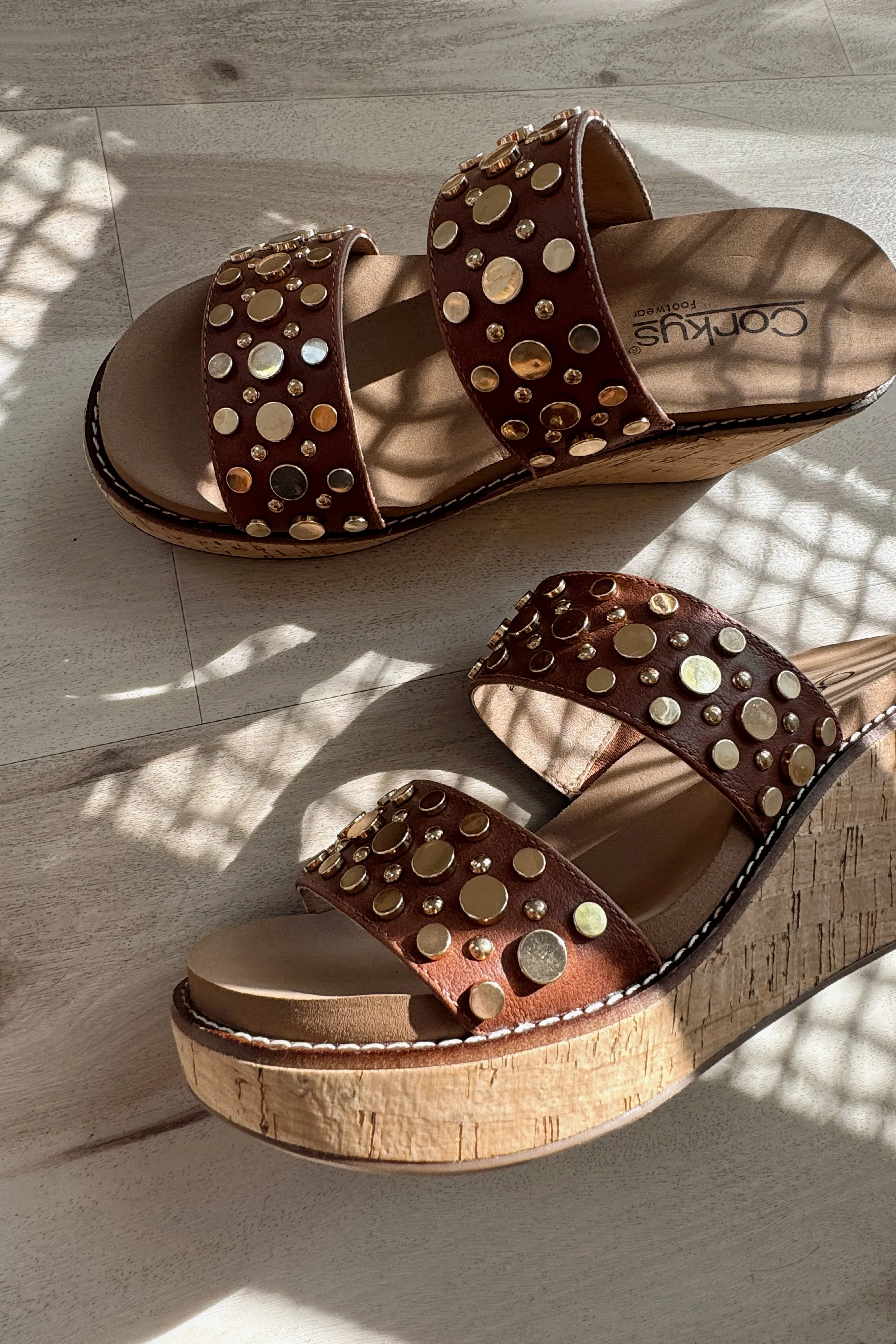 Corkys Bad Habit Brown & Gold Stud Wedge Sandal