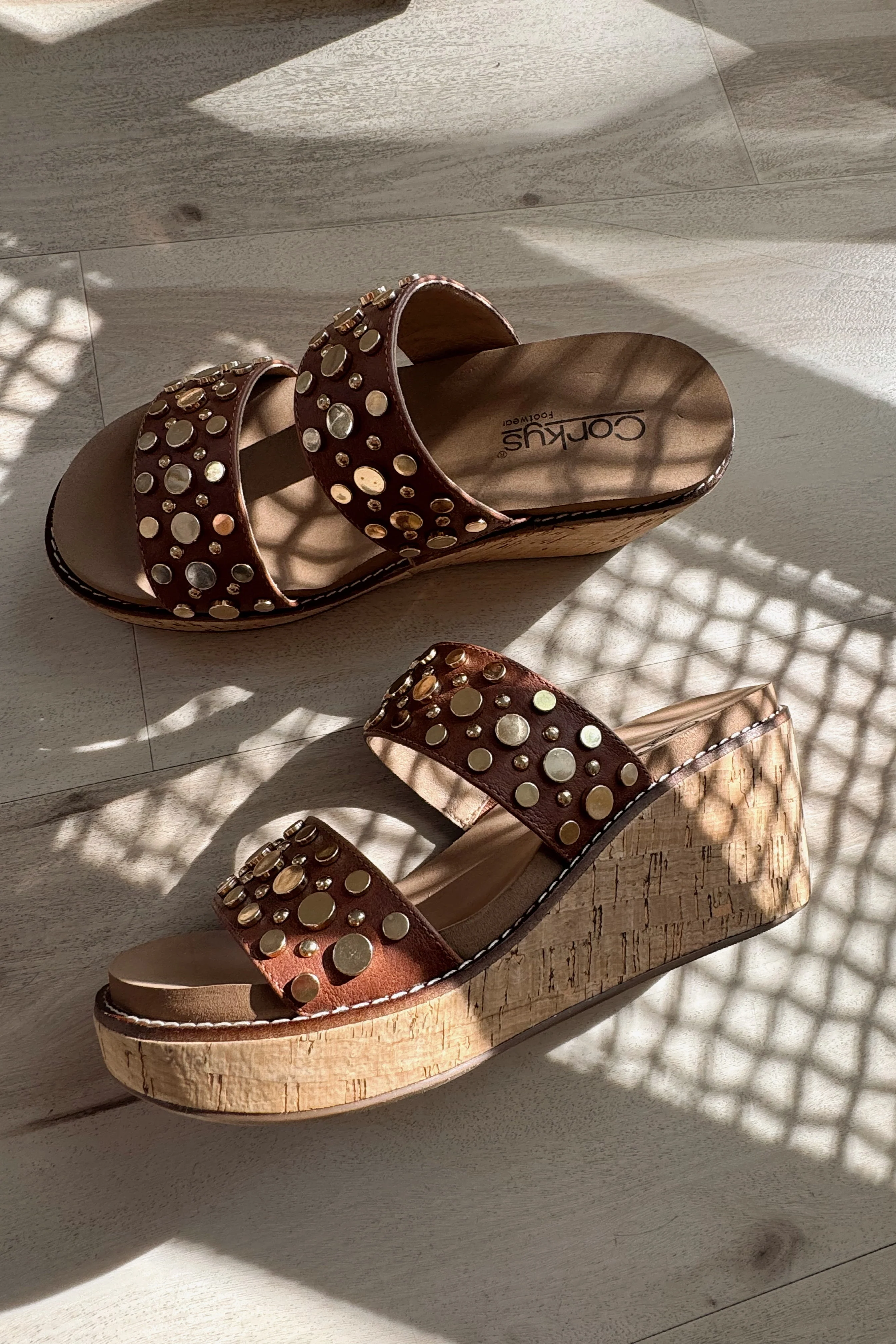 Corkys Bad Habit Brown & Gold Stud Wedge Sandal - Image 10
