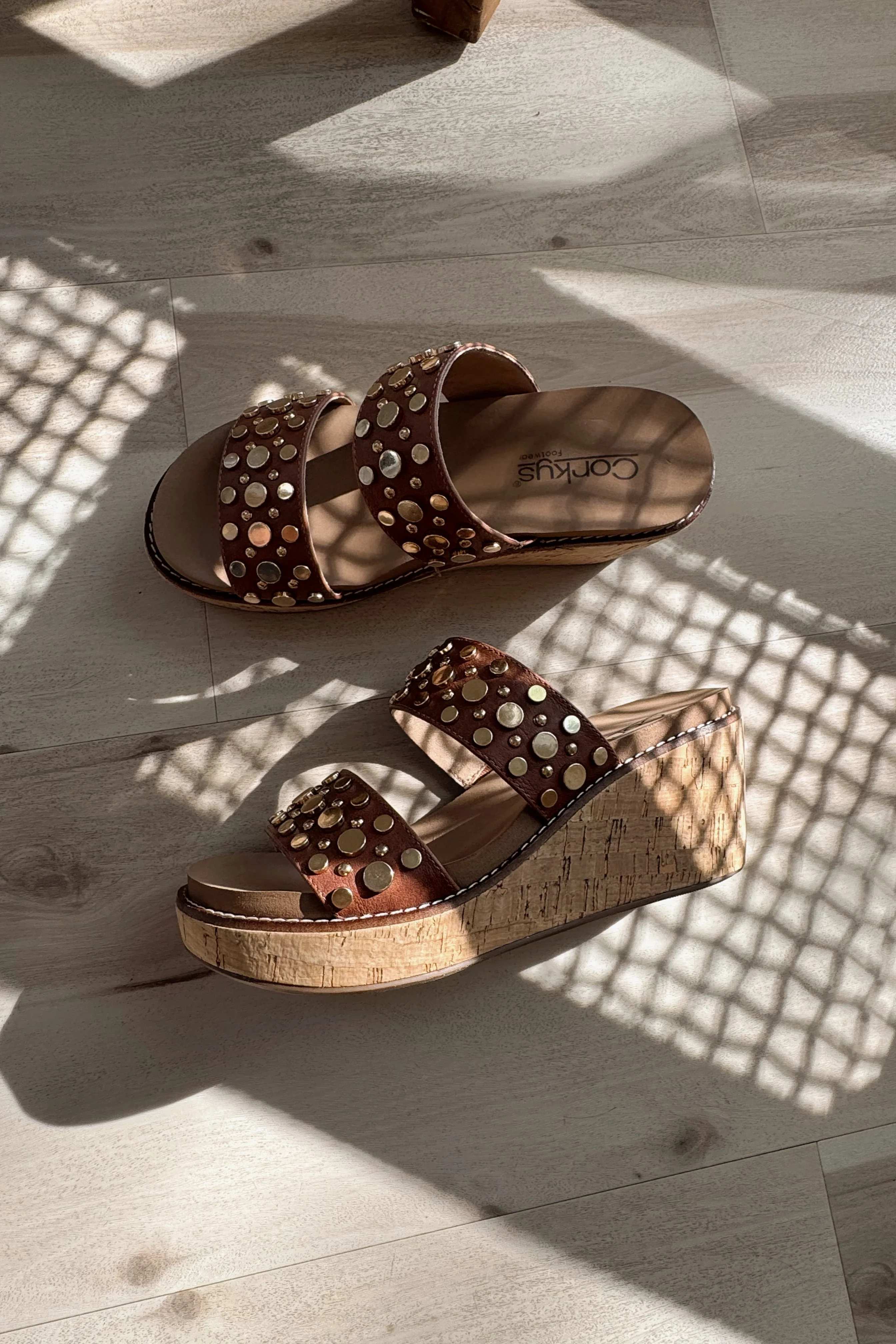Corkys Bad Habit Brown & Gold Stud Wedge Sandal - Image 2