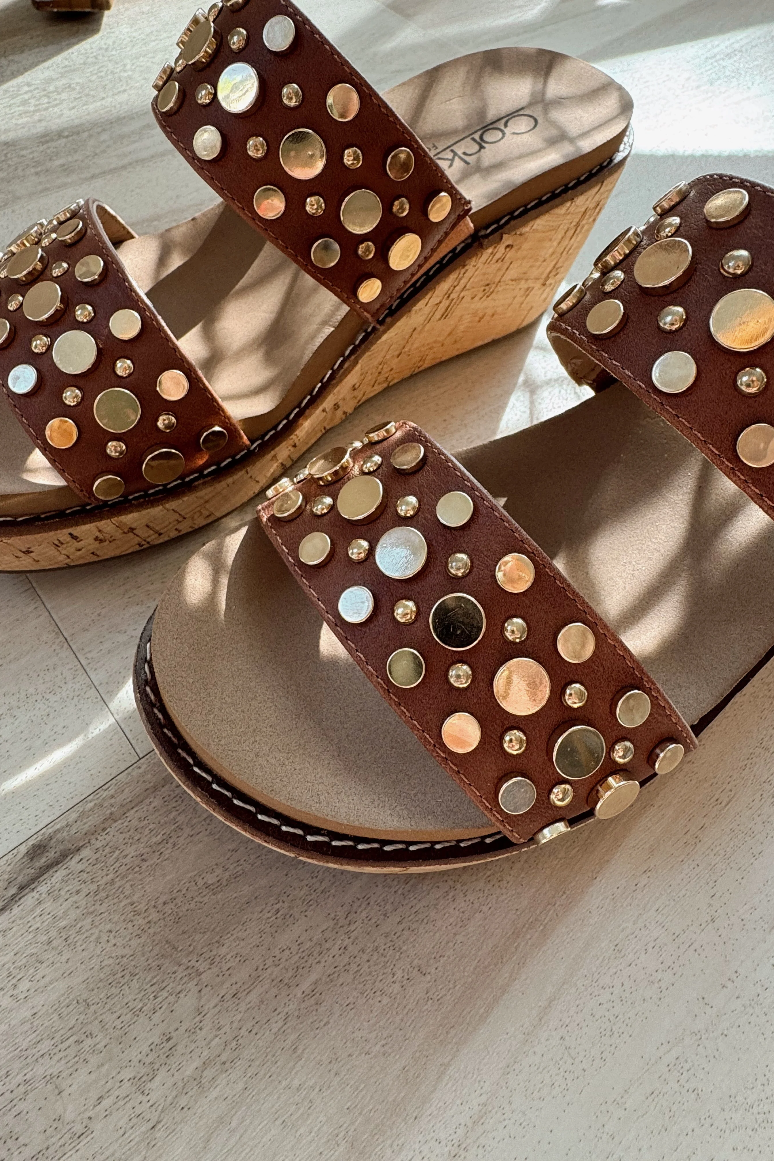 Corkys Bad Habit Brown & Gold Stud Wedge Sandal - Image 3