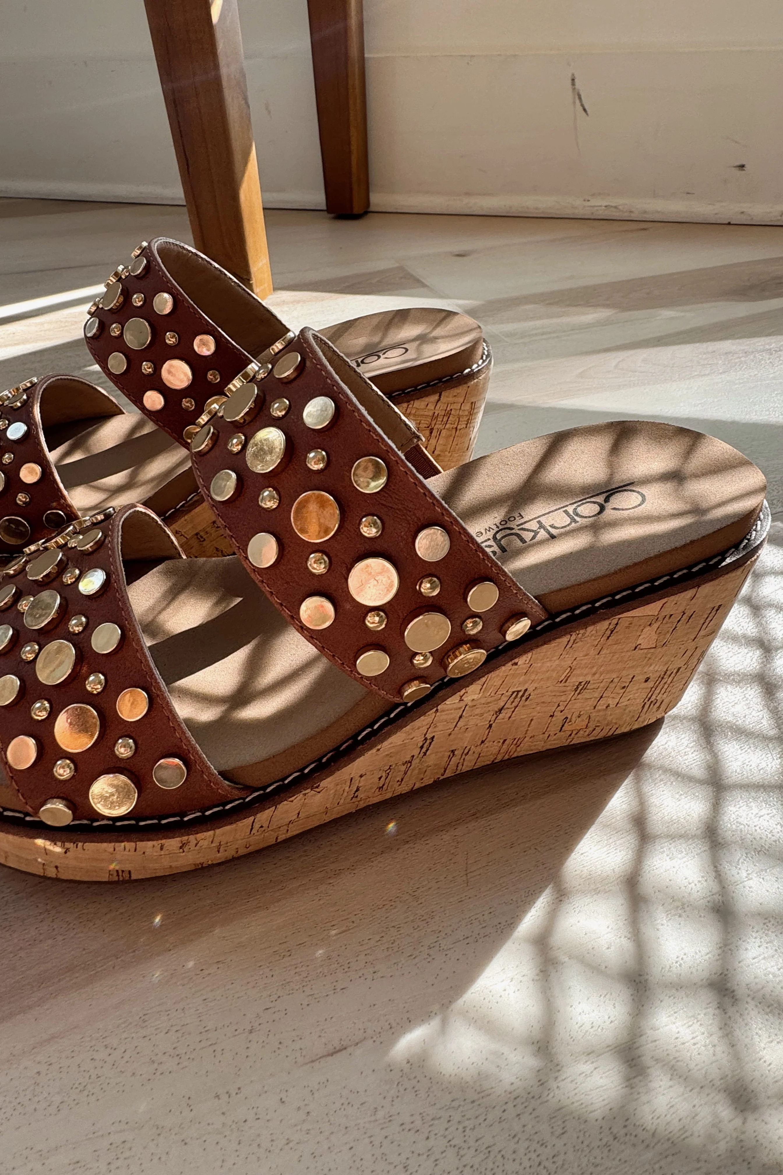 Corkys Bad Habit Brown & Gold Stud Wedge Sandal - Image 4
