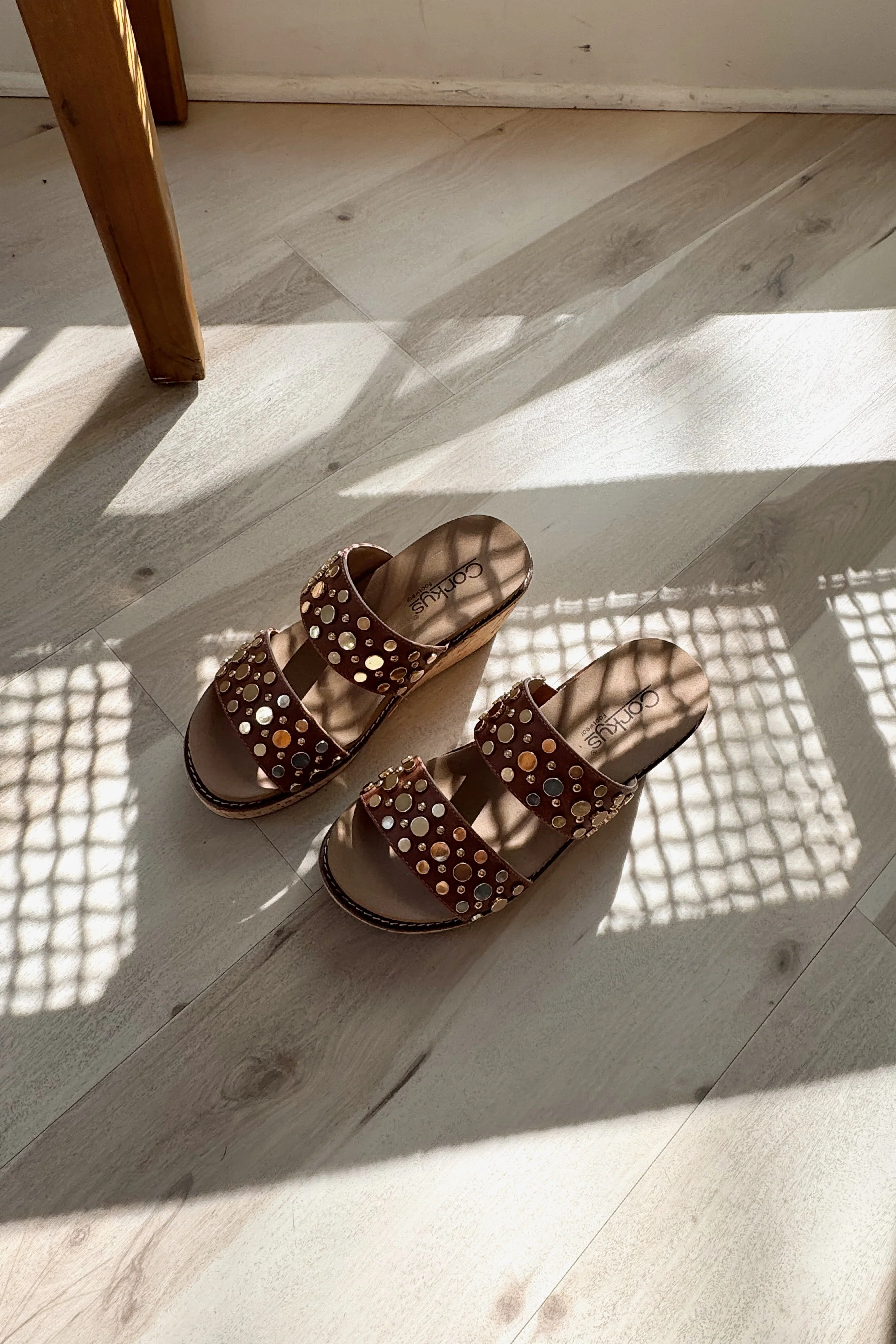 Corkys Bad Habit Brown & Gold Stud Wedge Sandal - Image 9