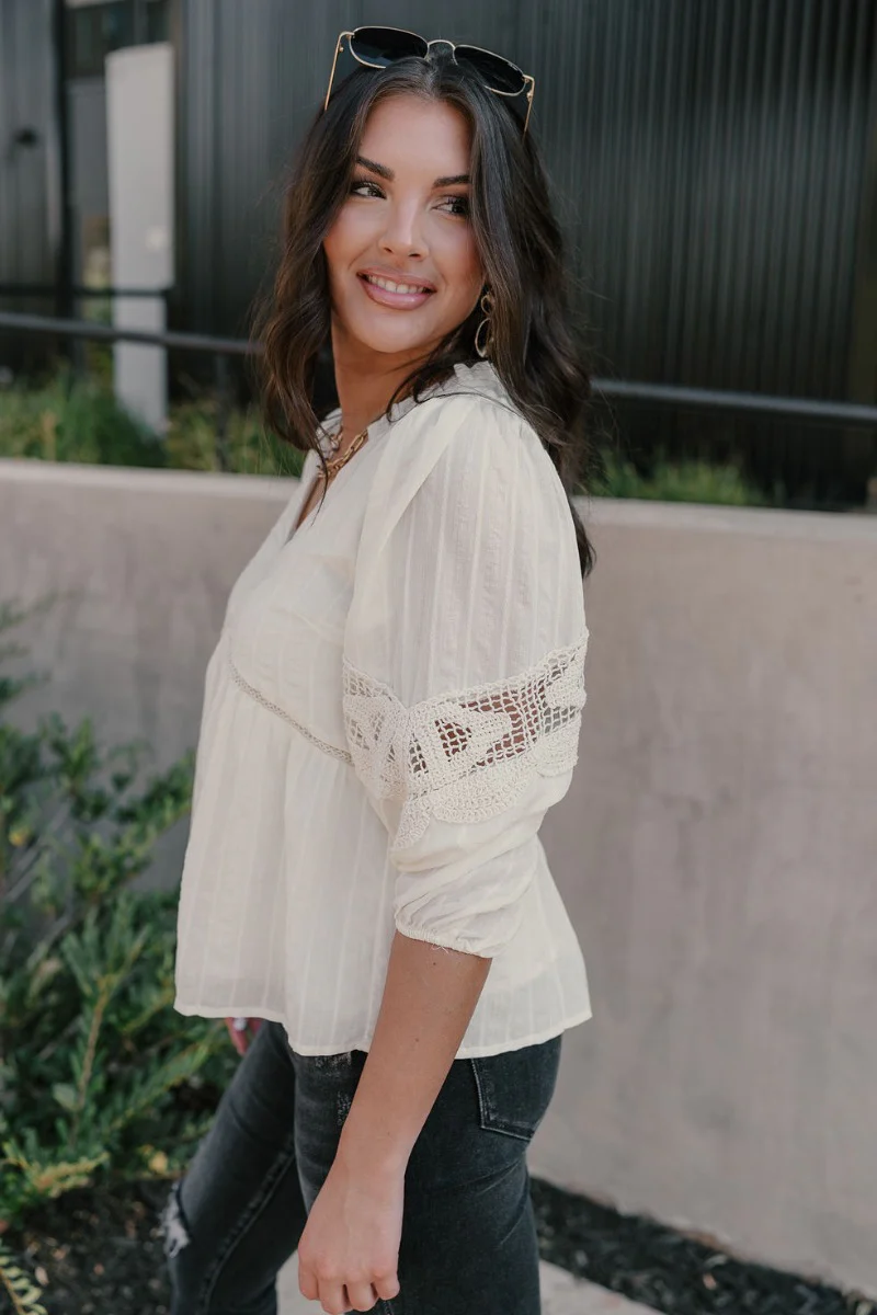 Bethany Cream Crochet Puff Sleeve Top