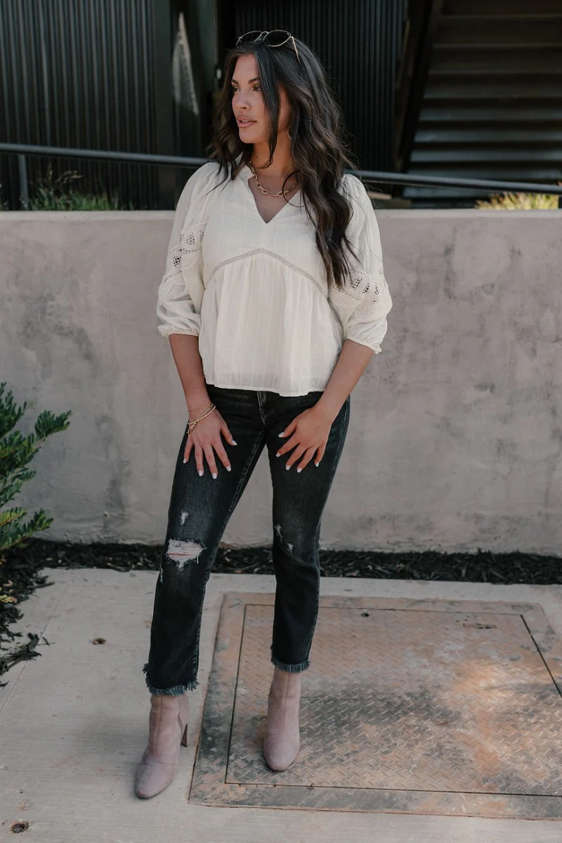 Bethany Cream Crochet Puff Sleeve Top - Image 2