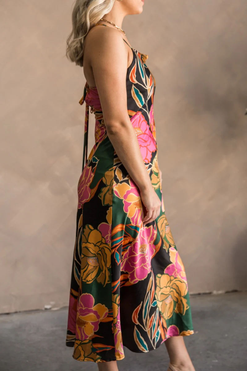 Elise Multi Floral Satin Midi Dress - Image 3