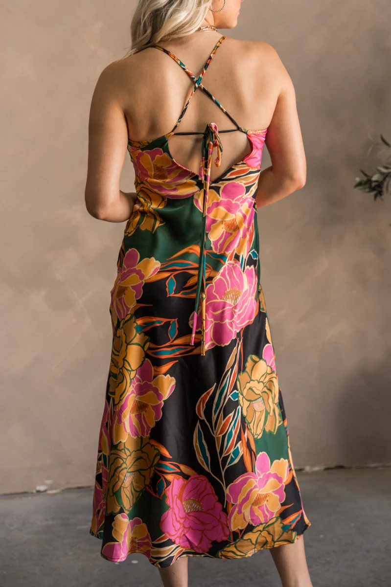 Elise Multi Floral Satin Midi Dress - Image 5