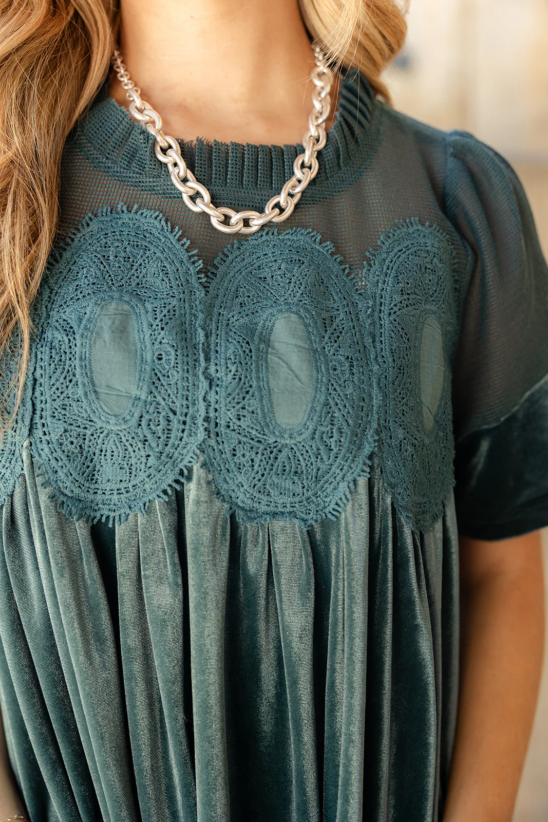 Dahlia Teal Green Mesh & Velvet Top - Image 3