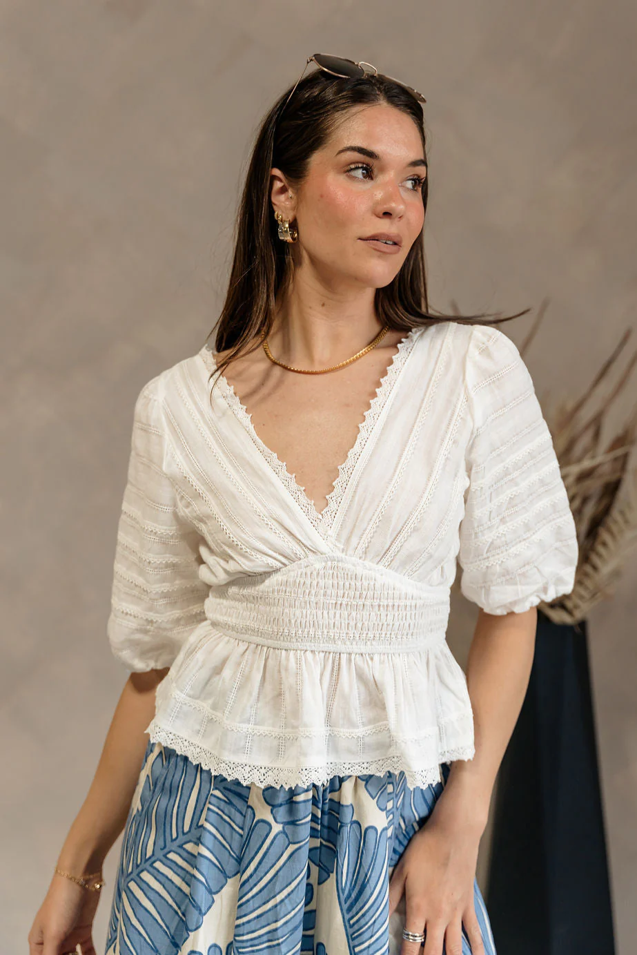 Dahlia White Stitch Lace V-Neckline Top